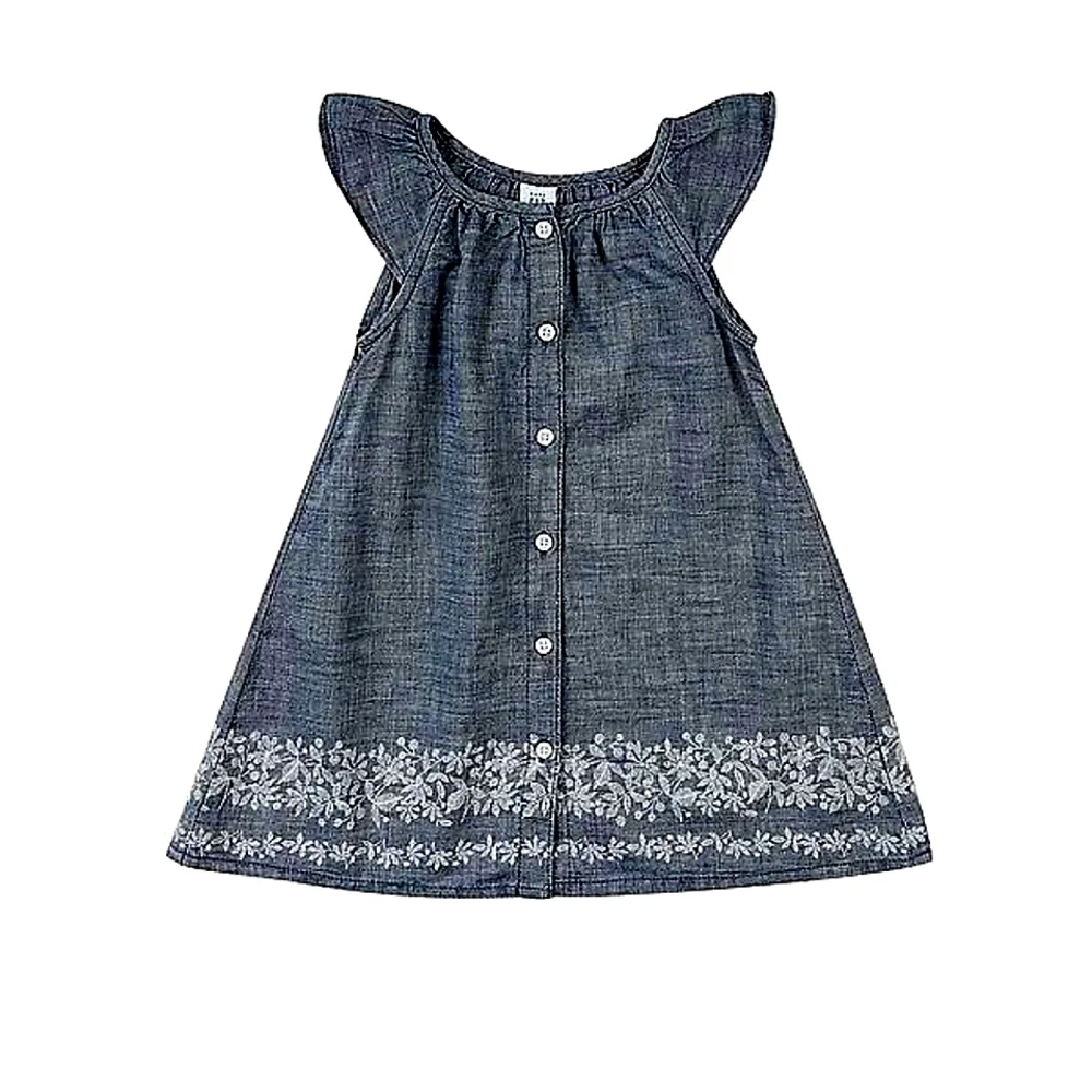 GAP | Blue A-line Button Front Chambray Dress with Floral Detailing